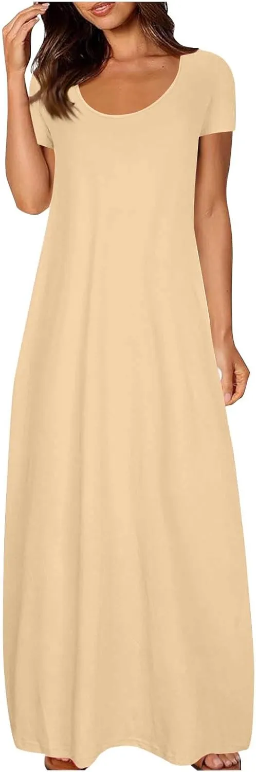 Womens Summer Maxi Dresses Fashion Solid Color Cap Sleeves Crewneck Plus Size Loose Comfy Long Beach Sundress