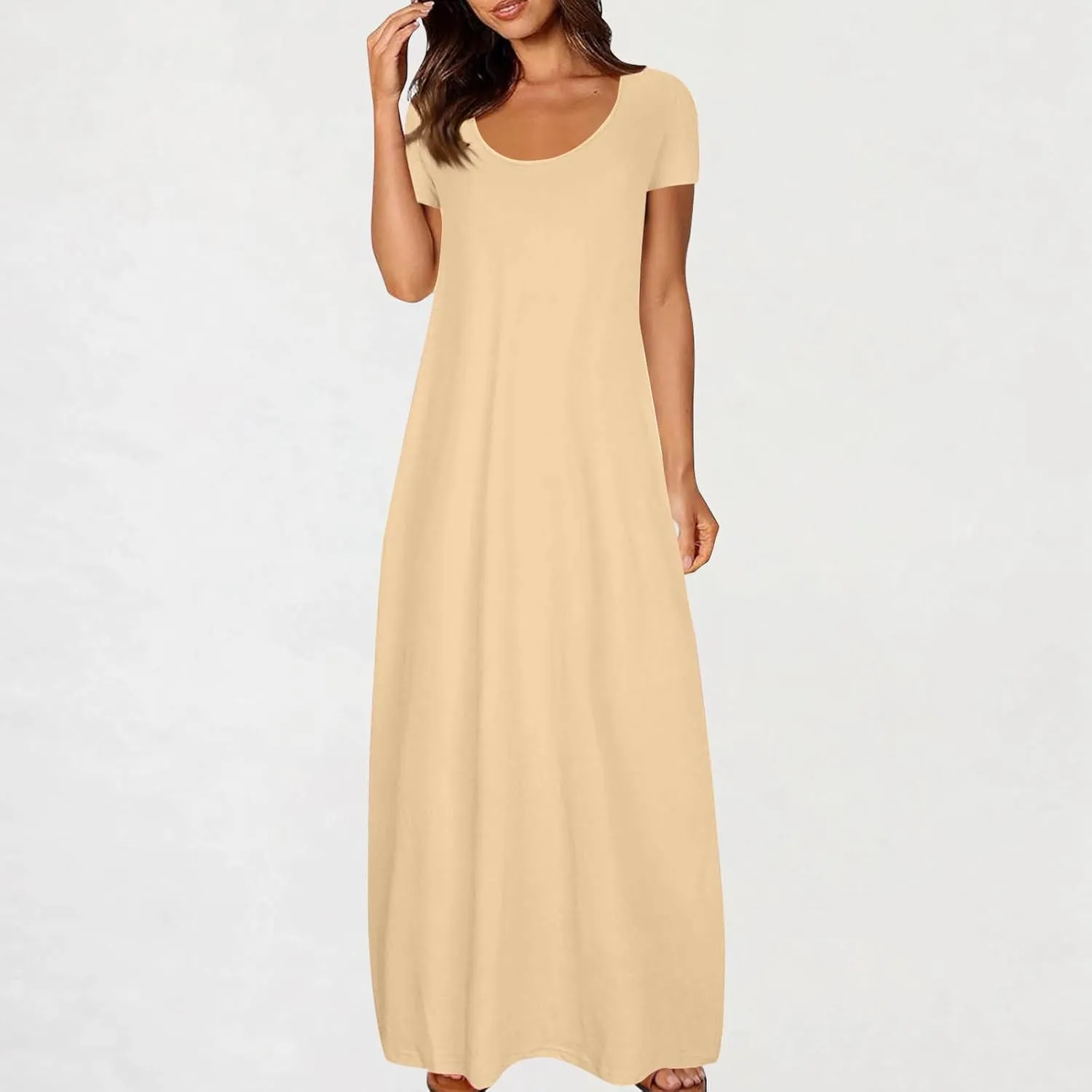 Womens Summer Maxi Dresses Fashion Solid Color Cap Sleeves Crewneck Plus Size Loose Comfy Long Beach Sundress