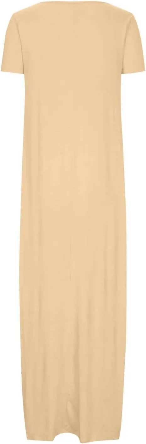Womens Summer Maxi Dresses Fashion Solid Color Cap Sleeves Crewneck Plus Size Loose Comfy Long Beach Sundress