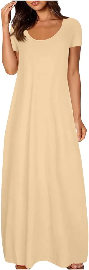 Womens Summer Maxi Dresses Fashion Solid Color Cap Sleeves Crewneck Plus Size Loose Comfy Long Beach Sundress