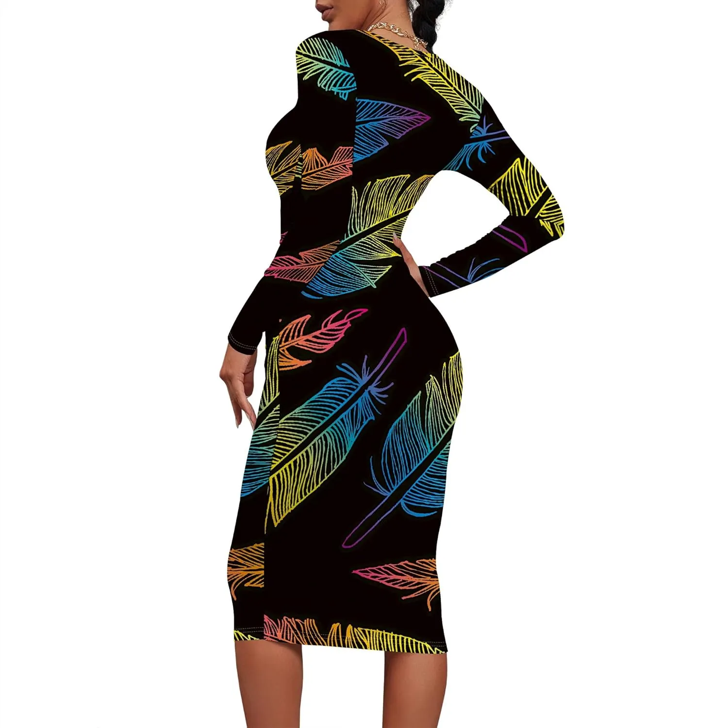 Women's Summer Midi Bodycon Dresses Round Neck Long Sleeve Casual Fall Ruched Waist Short Party Club Slim Fit Dress