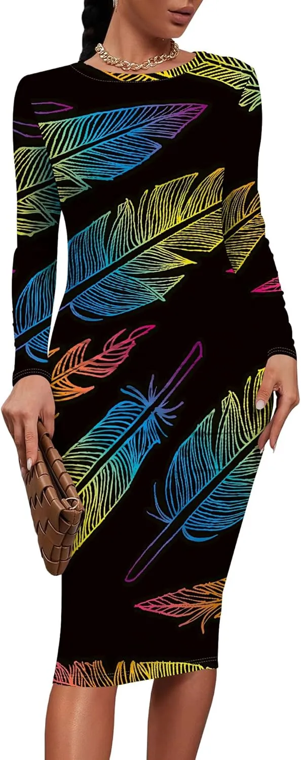 Women's Summer Midi Bodycon Dresses Round Neck Long Sleeve Casual Fall Ruched Waist Short Party Club Slim Fit Dress