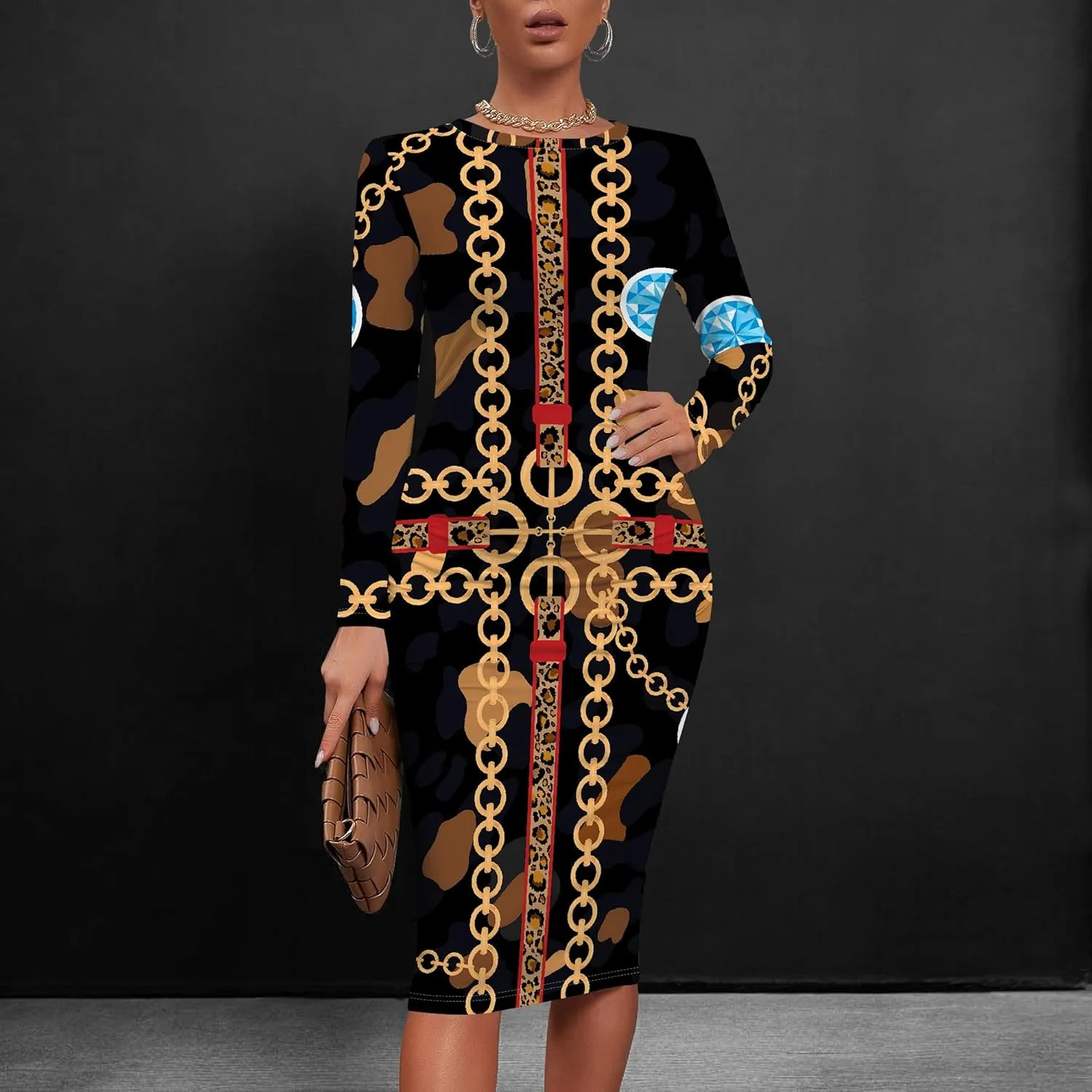 Women's Summer Midi Bodycon Dresses Round Neck Long Sleeve Casual Fall Ruched Waist Short Party Club Slim Fit Dress
