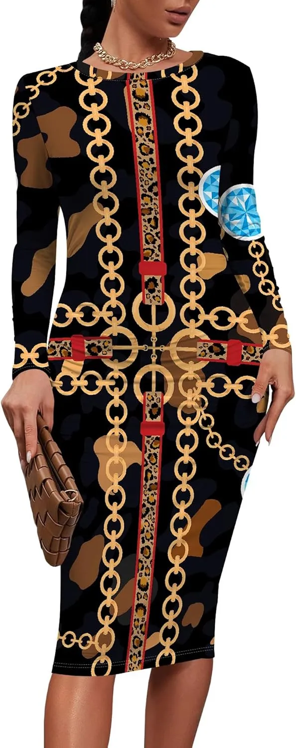 Women's Summer Midi Bodycon Dresses Round Neck Long Sleeve Casual Fall Ruched Waist Short Party Club Slim Fit Dress