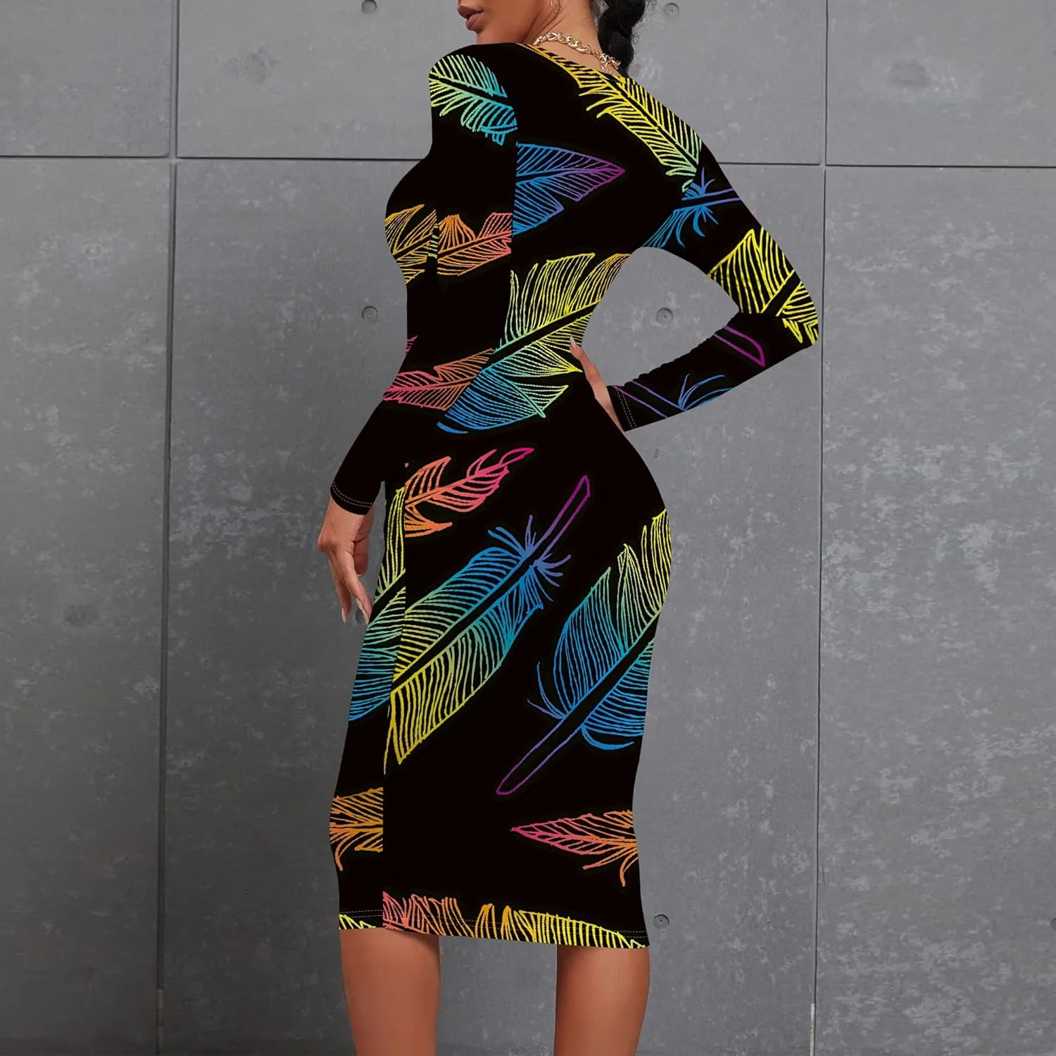 Women's Summer Midi Bodycon Dresses Round Neck Long Sleeve Casual Fall Ruched Waist Short Party Club Slim Fit Dress