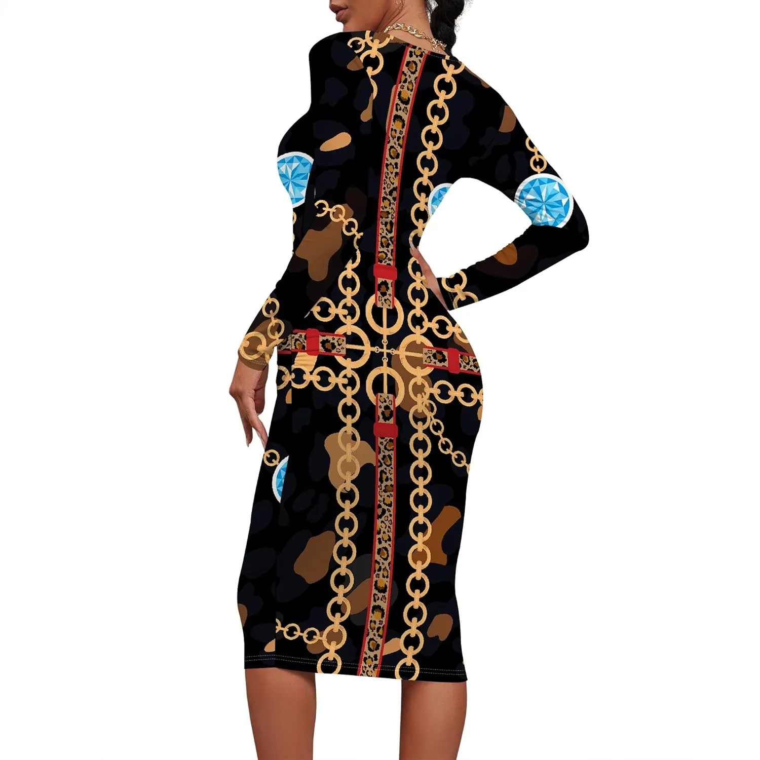 Women's Summer Midi Bodycon Dresses Round Neck Long Sleeve Casual Fall Ruched Waist Short Party Club Slim Fit Dress