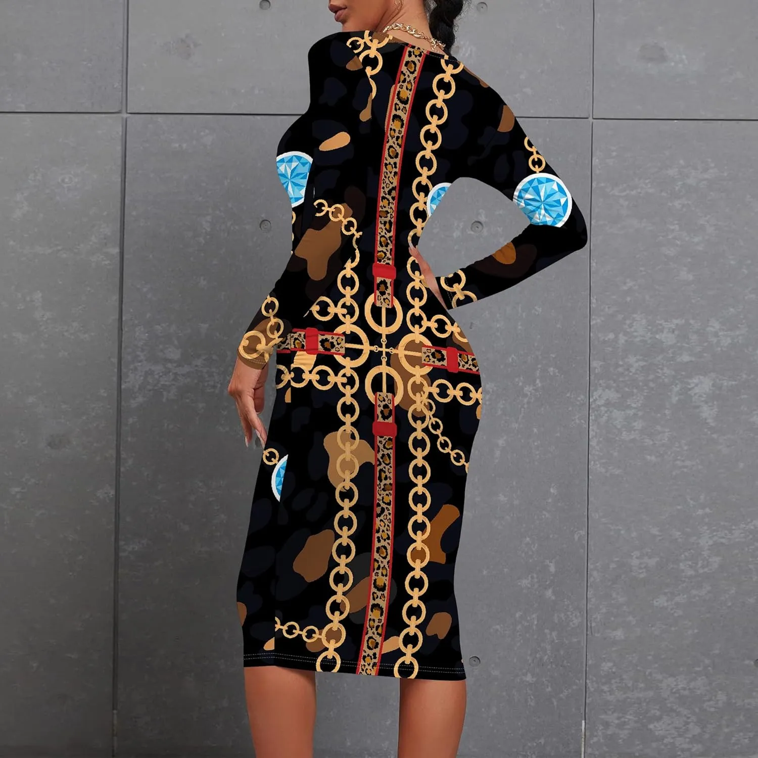 Women's Summer Midi Bodycon Dresses Round Neck Long Sleeve Casual Fall Ruched Waist Short Party Club Slim Fit Dress