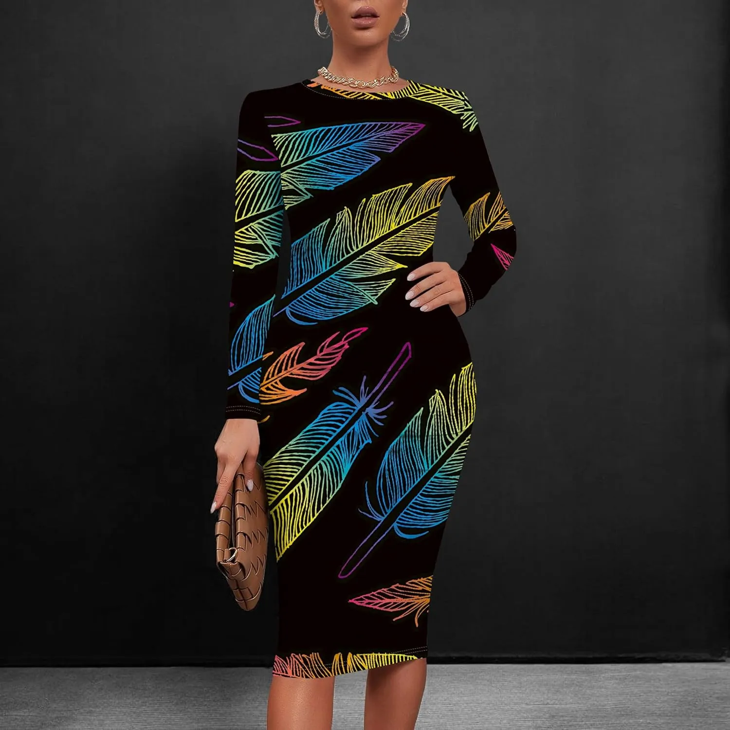 Women's Summer Midi Bodycon Dresses Round Neck Long Sleeve Casual Fall Ruched Waist Short Party Club Slim Fit Dress