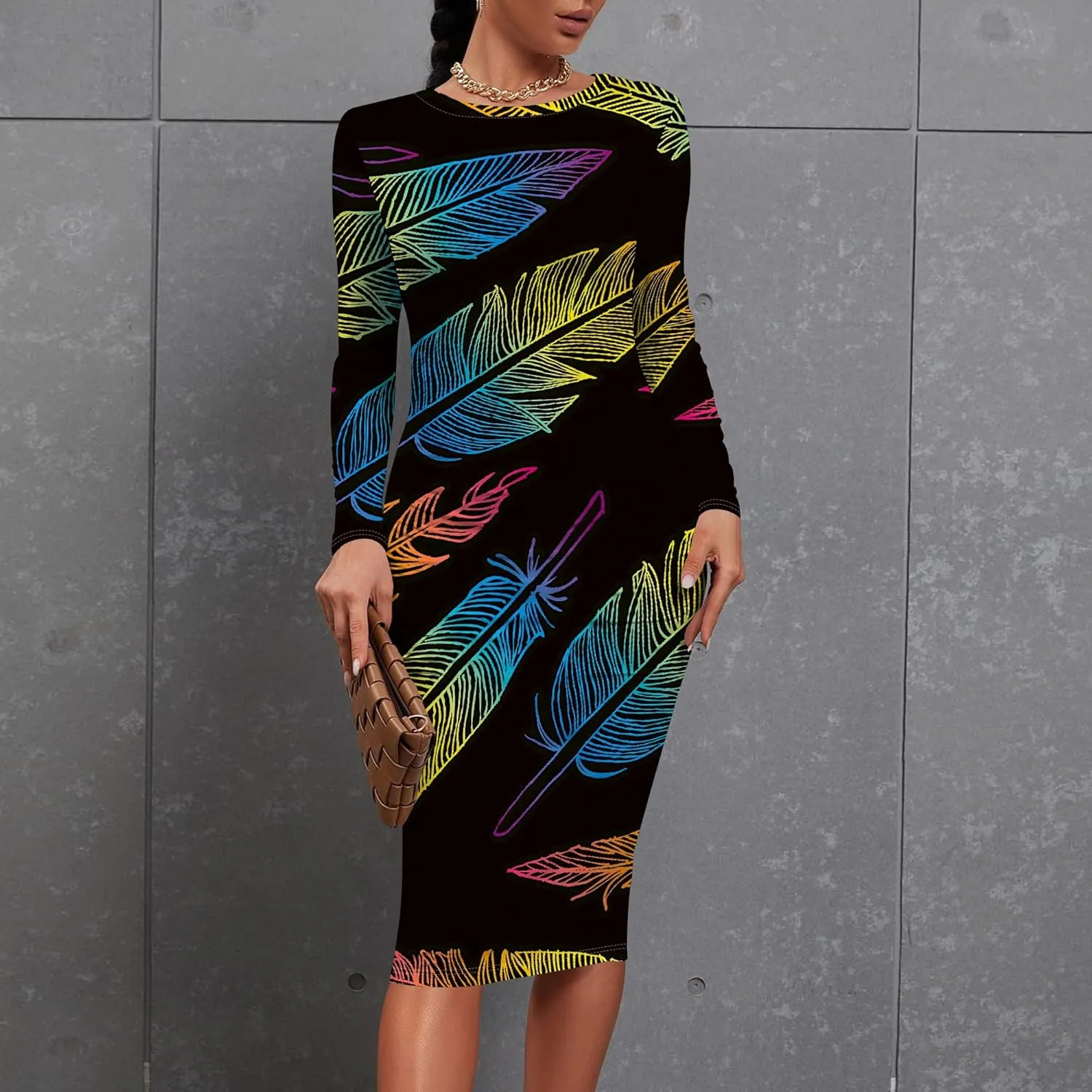 Women's Summer Midi Bodycon Dresses Round Neck Long Sleeve Casual Fall Ruched Waist Short Party Club Slim Fit Dress
