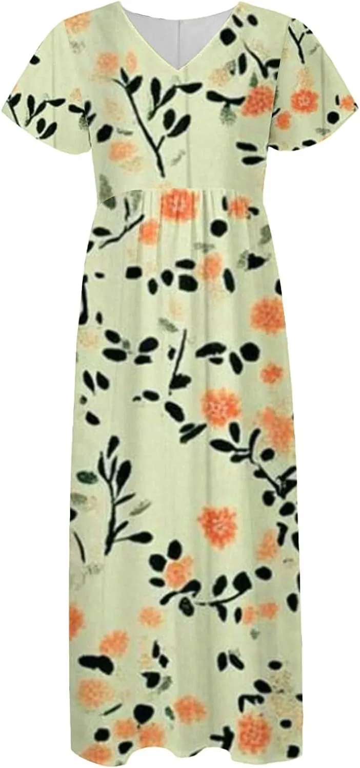 Womens Summer Midi Dress V Neck Short Sleeve Ruffle Hem Sundress Spring Casual Boho Floral Chiffon Maxi Dresses