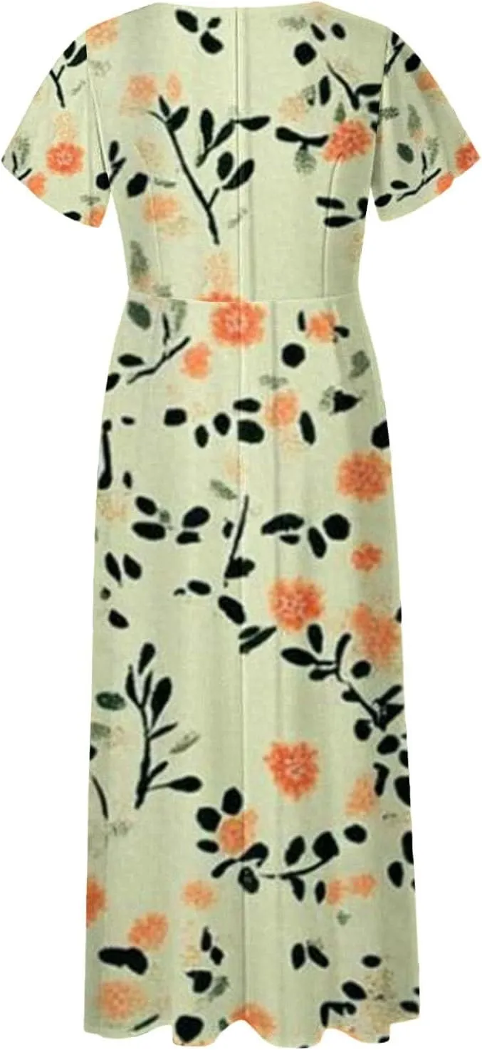 Womens Summer Midi Dress V Neck Short Sleeve Ruffle Hem Sundress Spring Casual Boho Floral Chiffon Maxi Dresses