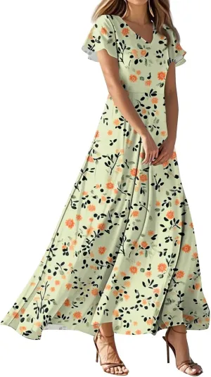 Womens Summer Midi Dress V Neck Short Sleeve Ruffle Hem Sundress Spring Casual Boho Floral Chiffon Maxi Dresses