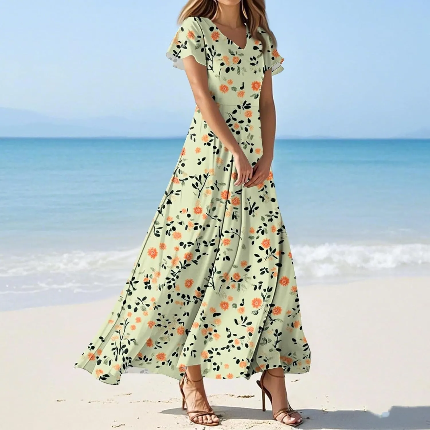 Womens Summer Midi Dress V Neck Short Sleeve Ruffle Hem Sundress Spring Casual Boho Floral Chiffon Maxi Dresses