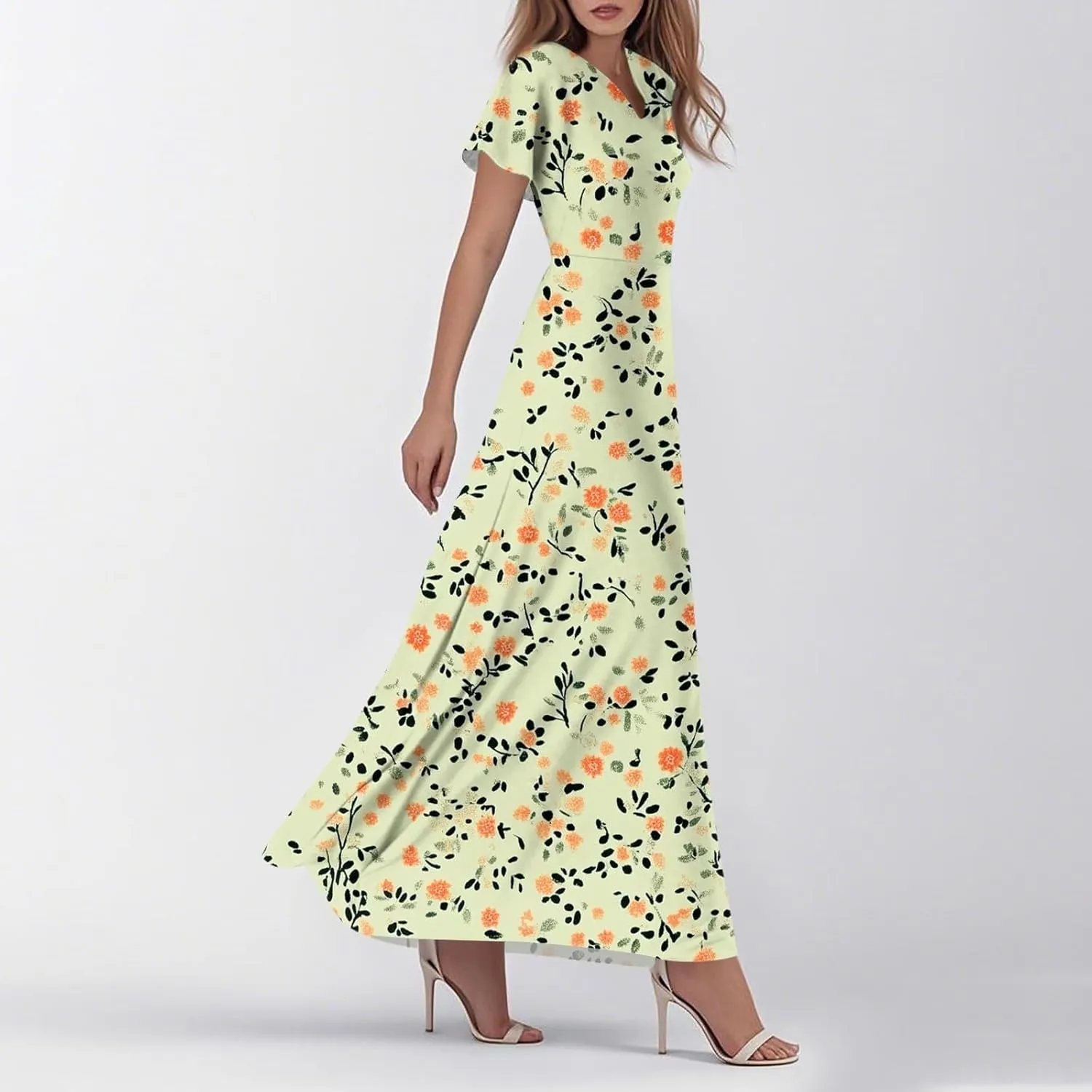 Womens Summer Midi Dress V Neck Short Sleeve Ruffle Hem Sundress Spring Casual Boho Floral Chiffon Maxi Dresses