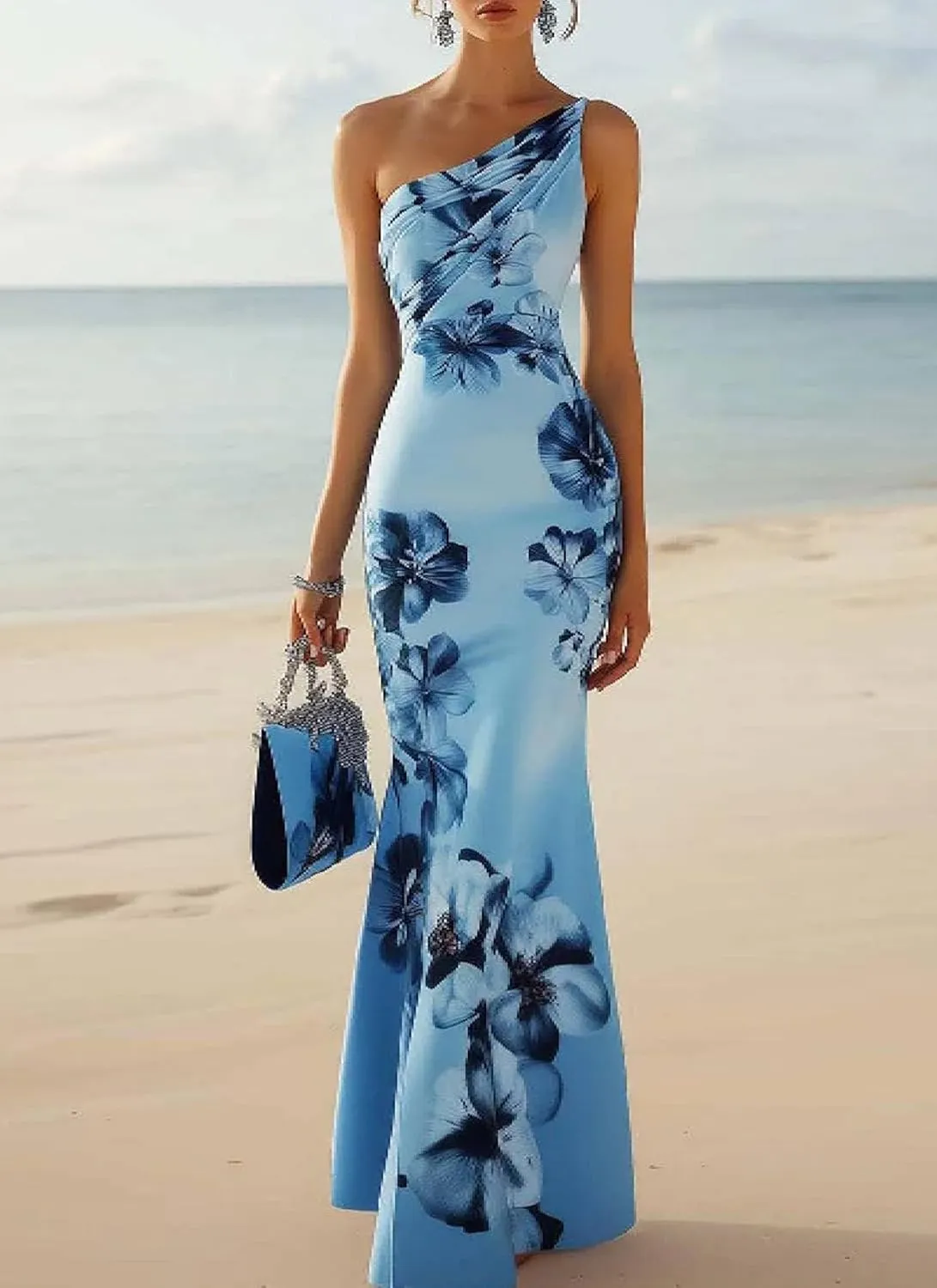 Womens Summer Sexy One Shoulder Sleeveless Blue Floral Bodycon Maxi Dresses Mermaid Cocktail Slim Long Dresses Trendy 2025