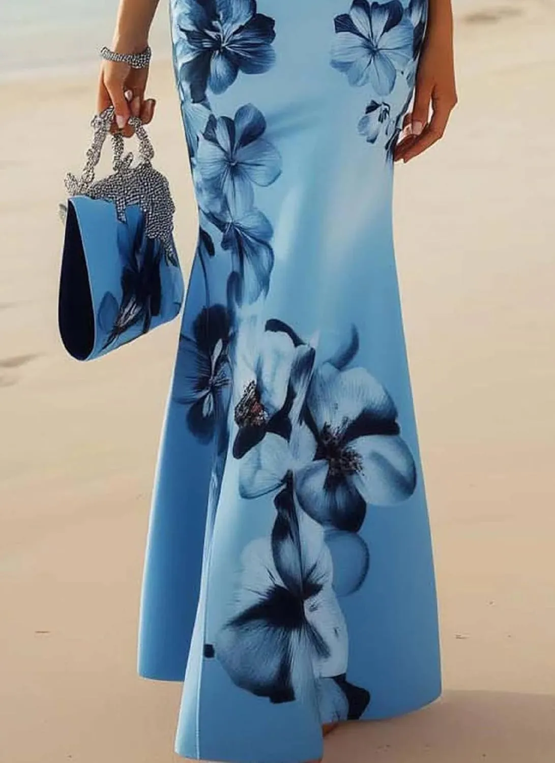 Womens Summer Sexy One Shoulder Sleeveless Blue Floral Bodycon Maxi Dresses Mermaid Cocktail Slim Long Dresses Trendy 2025