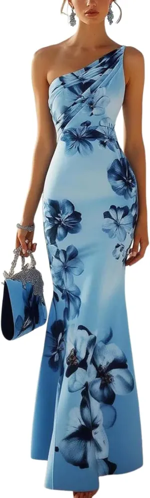 Womens Summer Sexy One Shoulder Sleeveless Blue Floral Bodycon Maxi Dresses Mermaid Cocktail Slim Long Dresses Trendy 2025