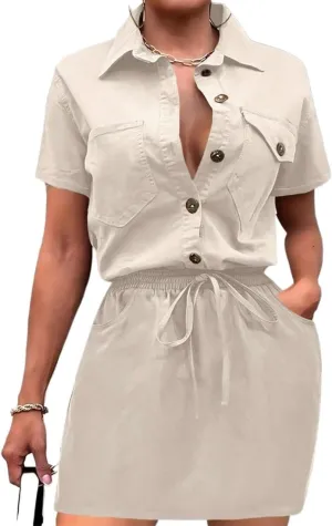 Women's Summer Shirt Dress with Multiple Pockets, Cropped Waist Length Short Sleeve Fashion Dresses for Women
