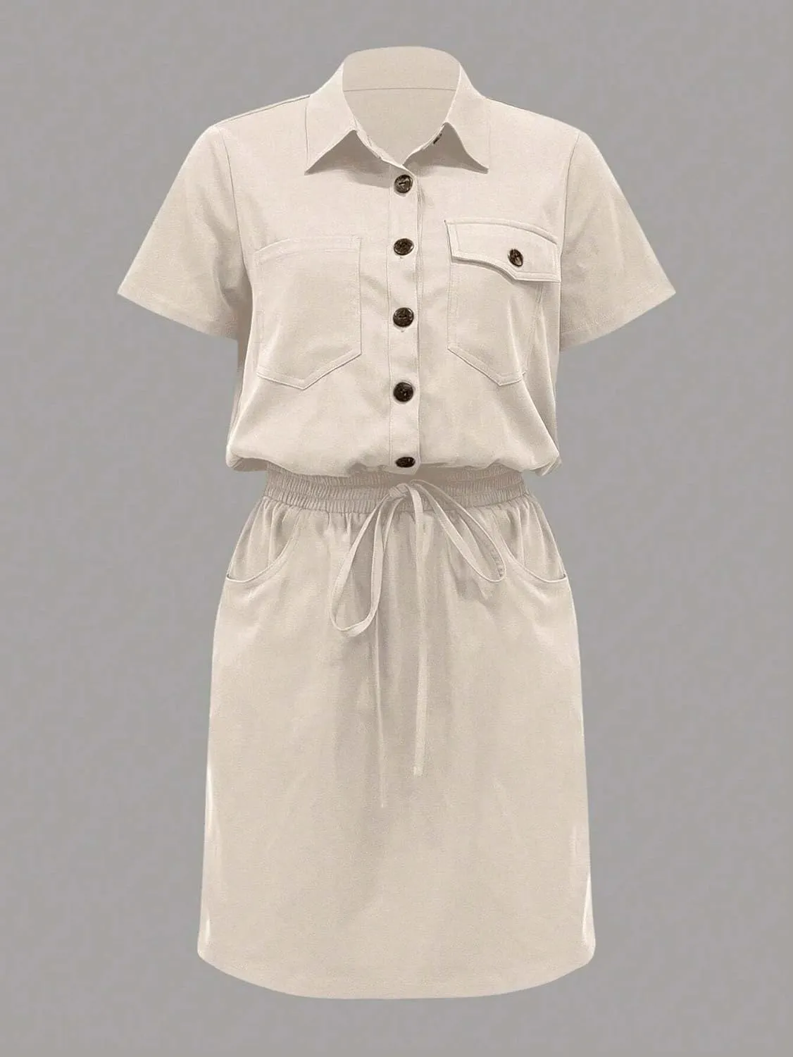 Women's Summer Shirt Dress with Multiple Pockets, Cropped Waist Length Short Sleeve Fashion Dresses for Women
