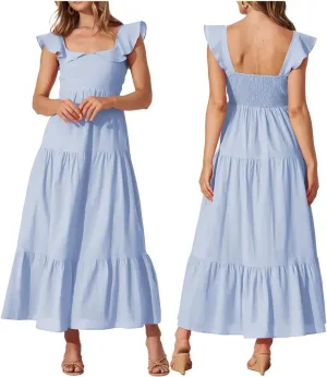 Women's Summer Sleeveless Ruffle Dresses 2024 Square Neck Smocked Backless Boho Flowy Beach A-Line Maxi Sundress