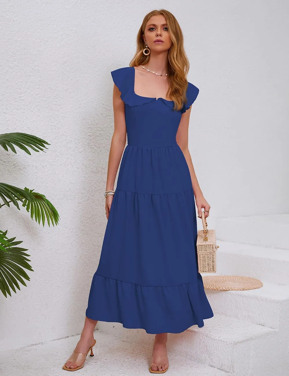 Women's Summer Sleeveless Ruffle Dresses 2024 Square Neck Smocked Backless Boho Flowy Beach A-Line Maxi Sundress