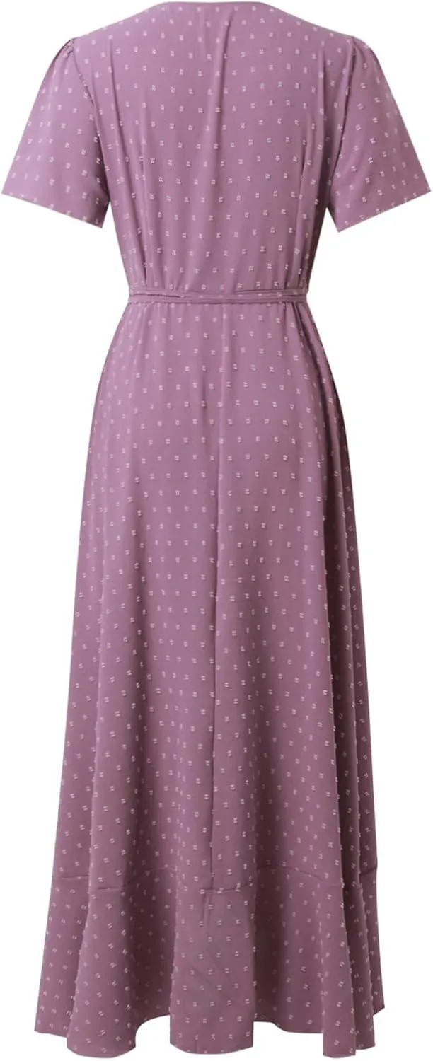 Women's Summer Wrap Maxi Dress Casual Boho Floral V Neck Short Sleeve Ruffle Hem Split Beach Long Dress Casual