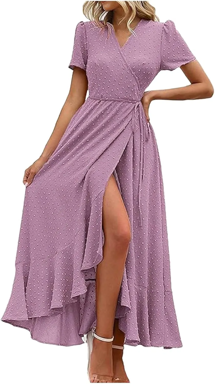 Women's Summer Wrap Maxi Dress Casual Boho Floral V Neck Short Sleeve Ruffle Hem Split Beach Long Dress Casual