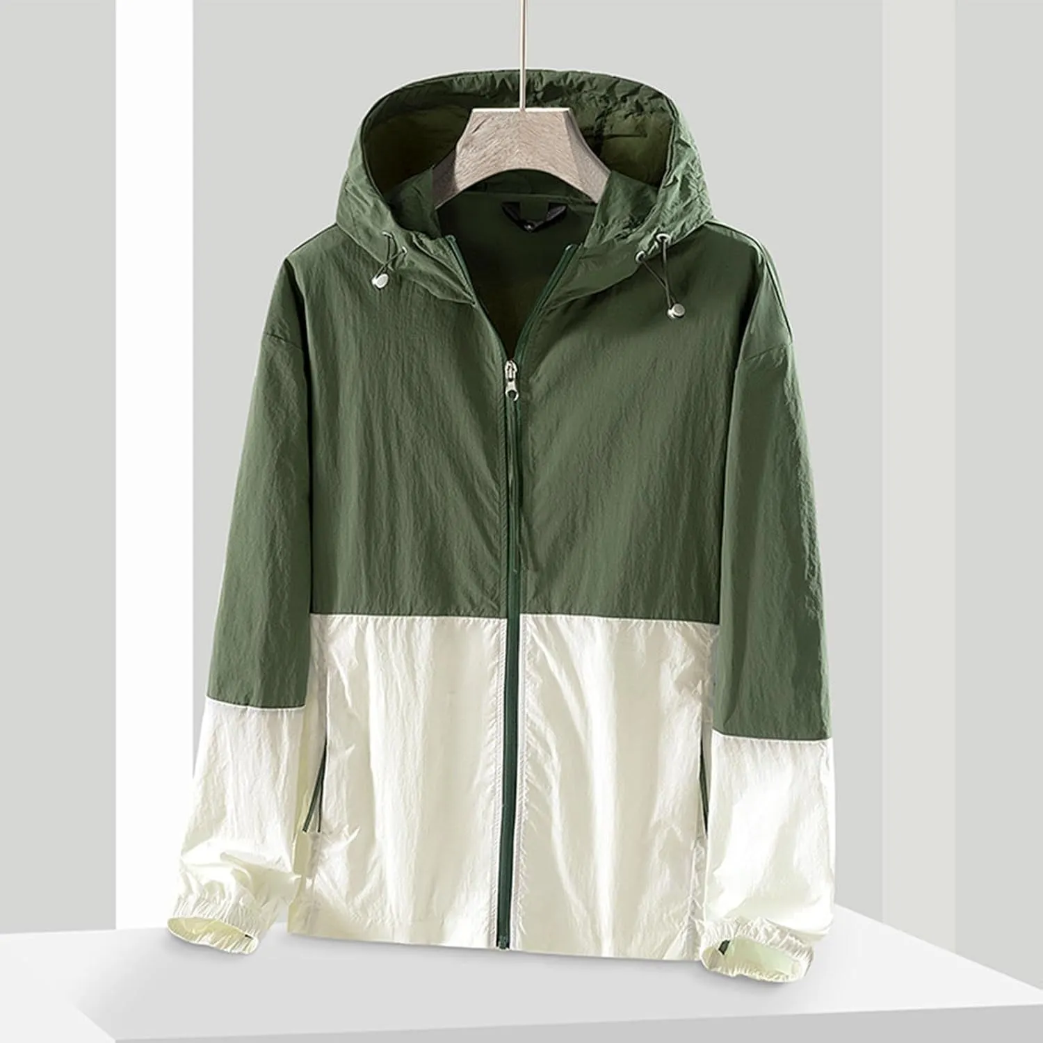 Women's Sun Protection Windbreaker Zip Up Color Block Drawstring Hooded Jacket Outerwear Lightweight Coat with Pockets