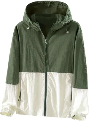 Women's Sun Protection Windbreaker Zip Up Color Block Drawstring Hooded Jacket Outerwear Lightweight Coat with Pockets