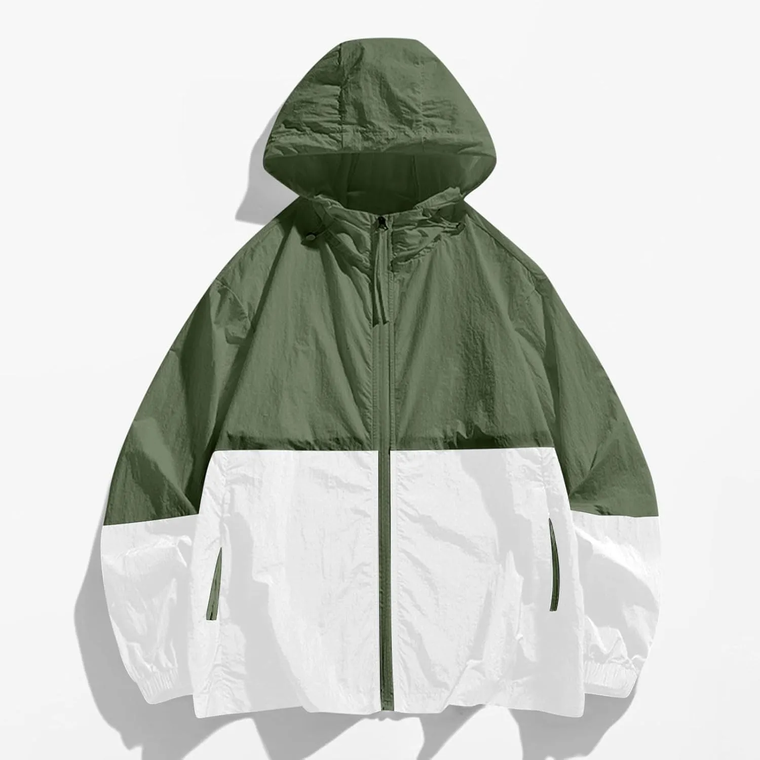 Women's Sun Protection Windbreaker Zip Up Color Block Drawstring Hooded Jacket Outerwear Lightweight Coat with Pockets
