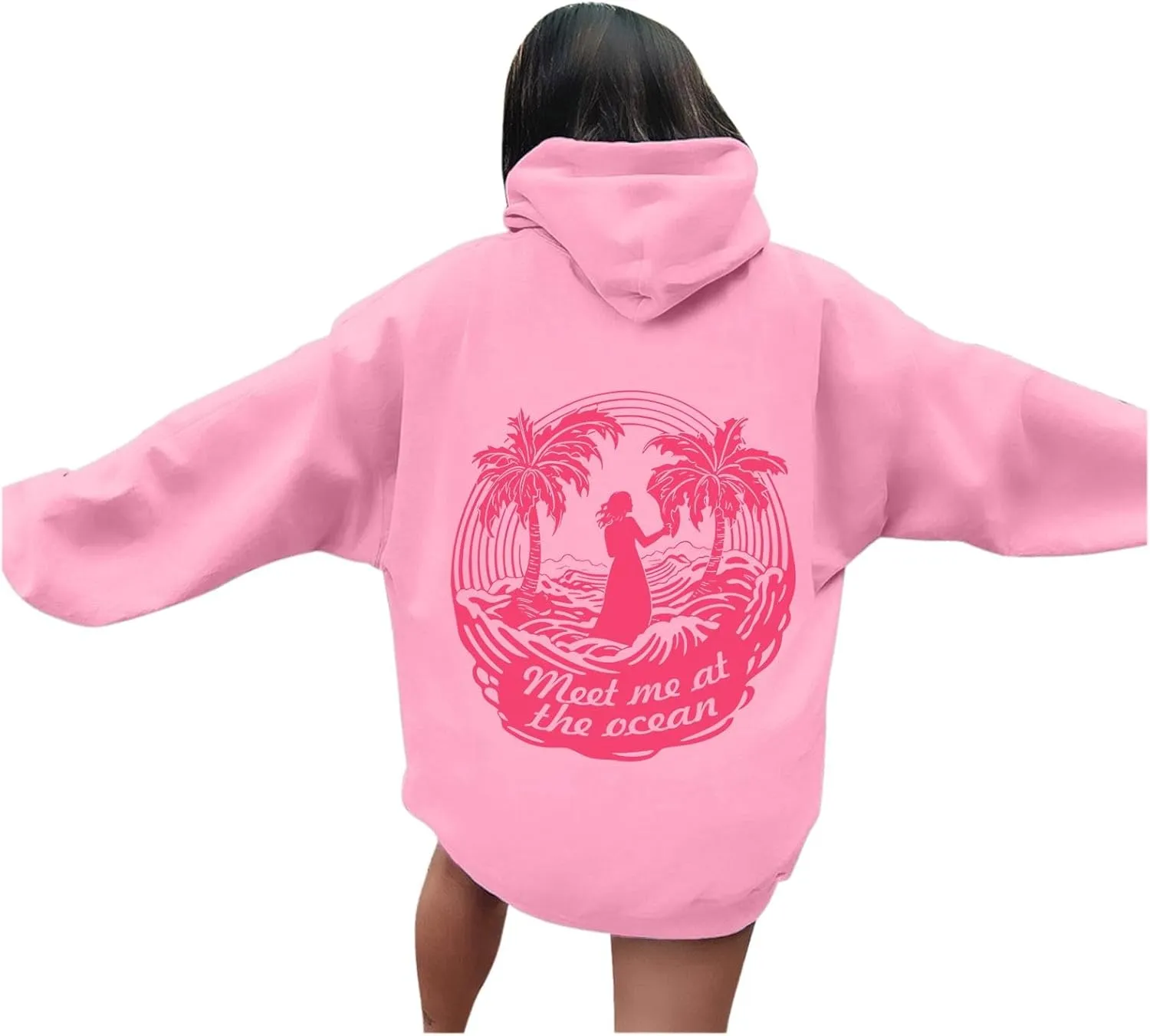 Womens Sweatshirt Pink Graphic Plam Print Puff Hoodie Casual Long Sleeve Pullover Shirts Teen Girls Y2K Fall Outfits