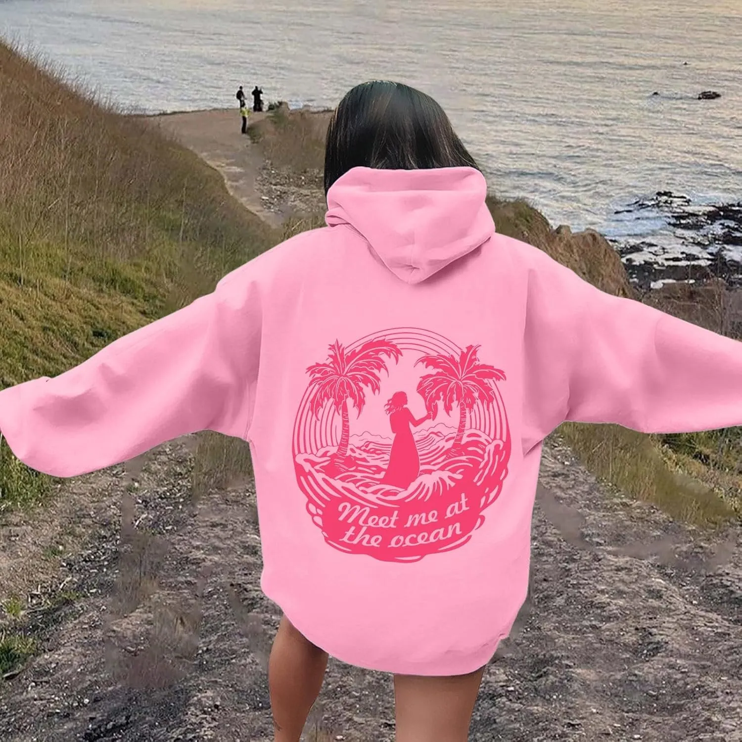Womens Sweatshirt Pink Graphic Plam Print Puff Hoodie Casual Long Sleeve Pullover Shirts Teen Girls Y2K Fall Outfits
