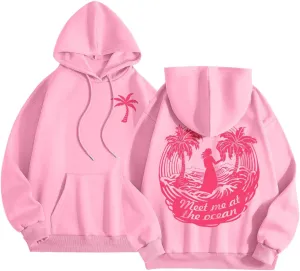 Womens Sweatshirt Pink Graphic Plam Print Puff Hoodie Casual Long Sleeve Pullover Shirts Teen Girls Y2K Fall Outfits