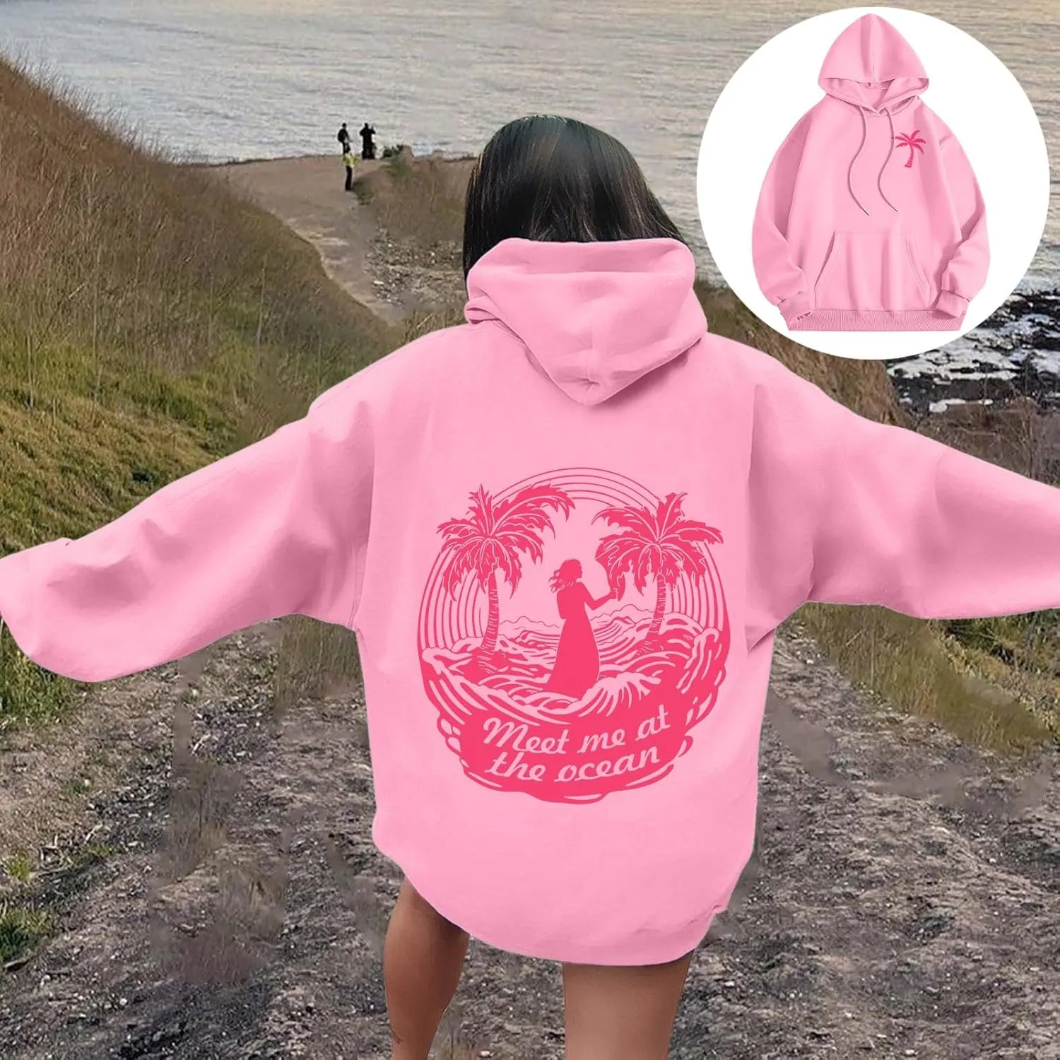 Womens Sweatshirt Pink Graphic Plam Print Puff Hoodie Casual Long Sleeve Pullover Shirts Teen Girls Y2K Fall Outfits