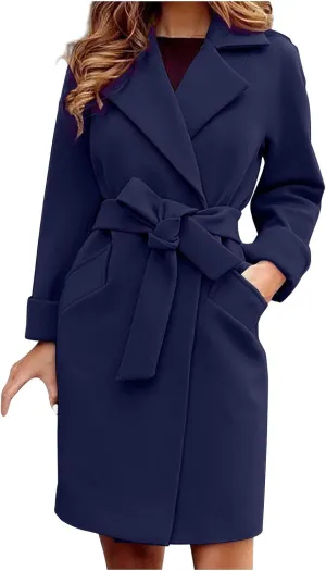 Women's Trendy Trench Coat Lapel Woolen Cloth Coats Dressy Casual Fall Winter Jackets Formal Long Overcoat