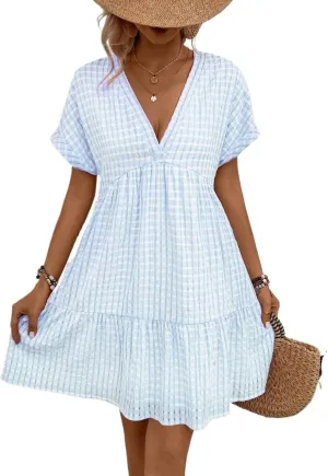 Women's V-Neck Plaid Vacation Style Short Sleeve Dress V-Neck Fashion Dresses for Women