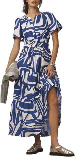Women's Waist Cinching Retro Printed Dress, Fashionable Bohemian Long Skirt