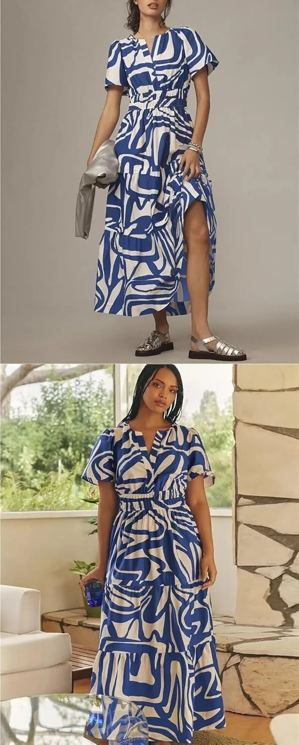 Women's Waist Cinching Retro Printed Dress, Fashionable Bohemian Long Skirt