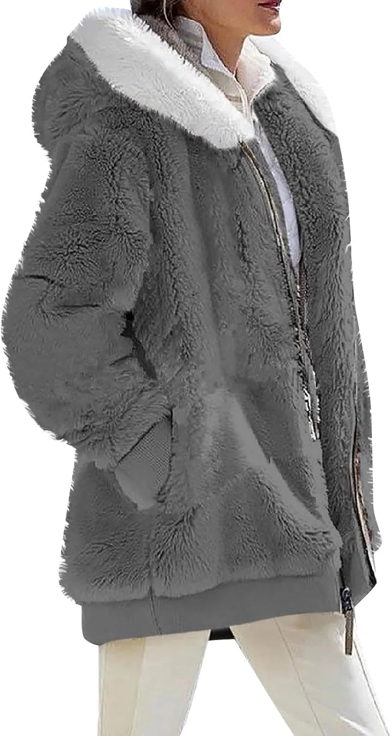 Women's Winter Coats Flannel Jacket Plus Size Hoodies Fleece Lined Jacket Zip Up Fur Cardigan Fleece Jackets for Women