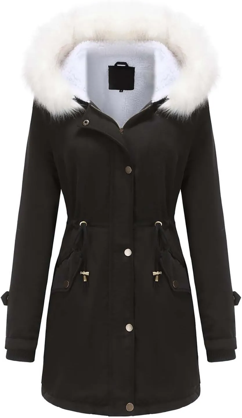 Womens Winter Coats Fleece Wram Lined Parka Thicken Waterproof Trench Long Puffer Jacket Down Coat Faux Fur Hooded