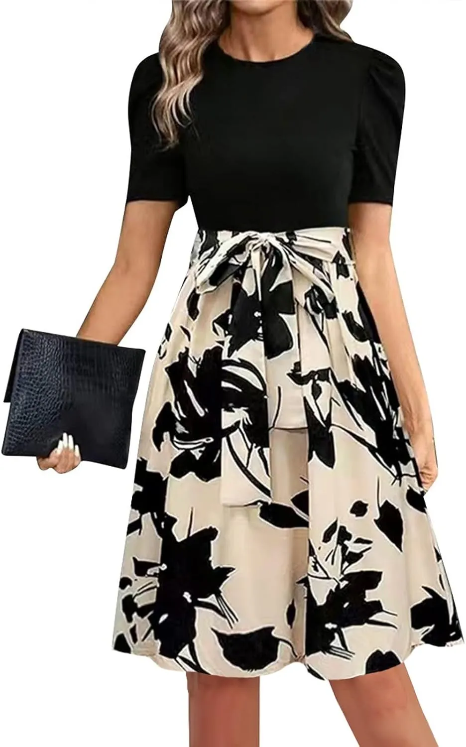 Wrap Dresses for Women 2025 Knee Length Floral Mini Dress Elegant Classy Flowy Ruffle Patchwork Empire Waist Dress