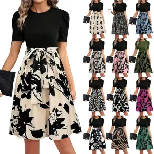 Wrap Dresses for Women 2025 Knee Length Floral Mini Dress Elegant Classy Flowy Ruffle Patchwork Empire Waist Dress