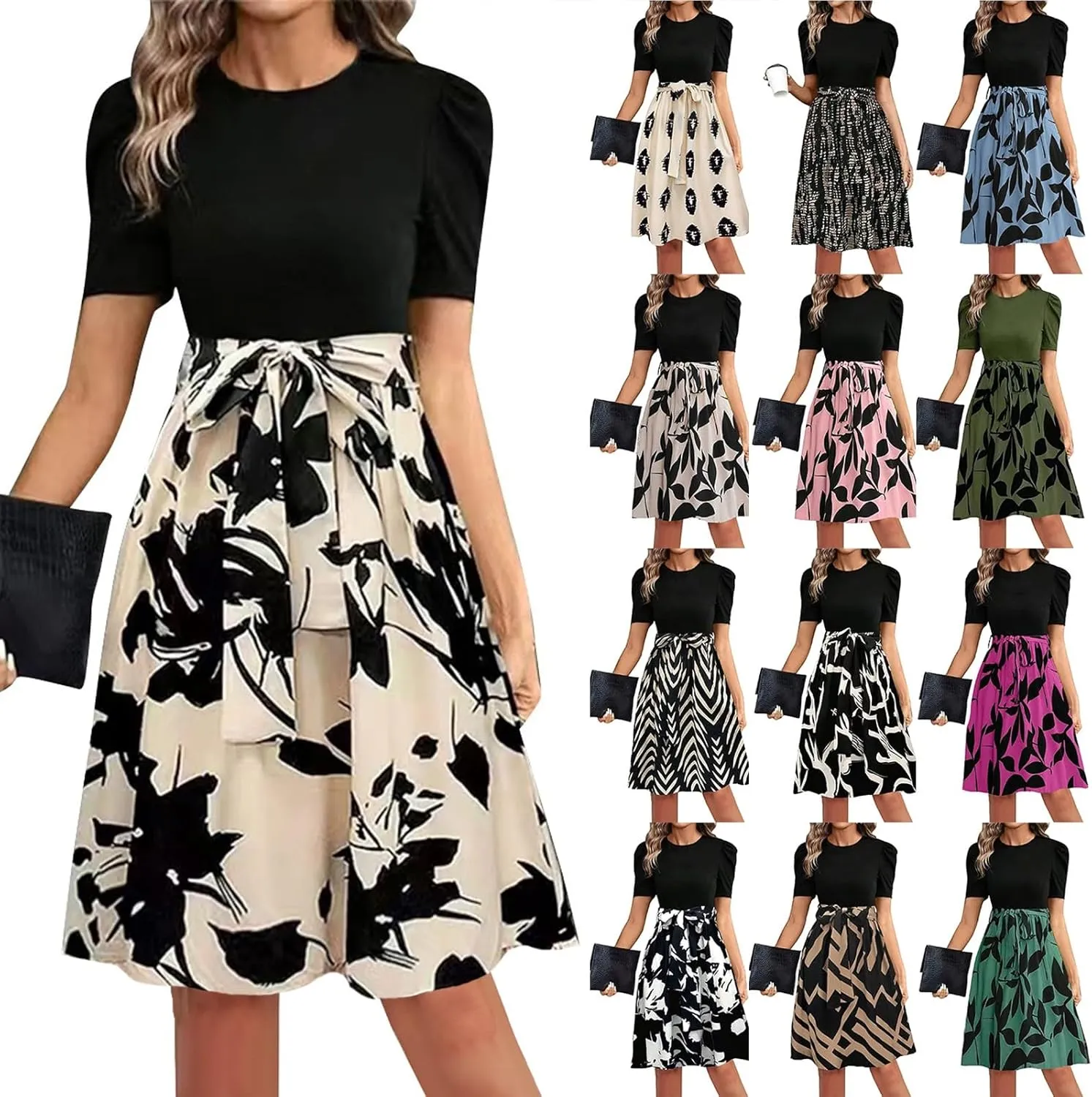Wrap Dresses for Women 2025 Knee Length Floral Mini Dress Elegant Classy Flowy Ruffle Patchwork Empire Waist Dress