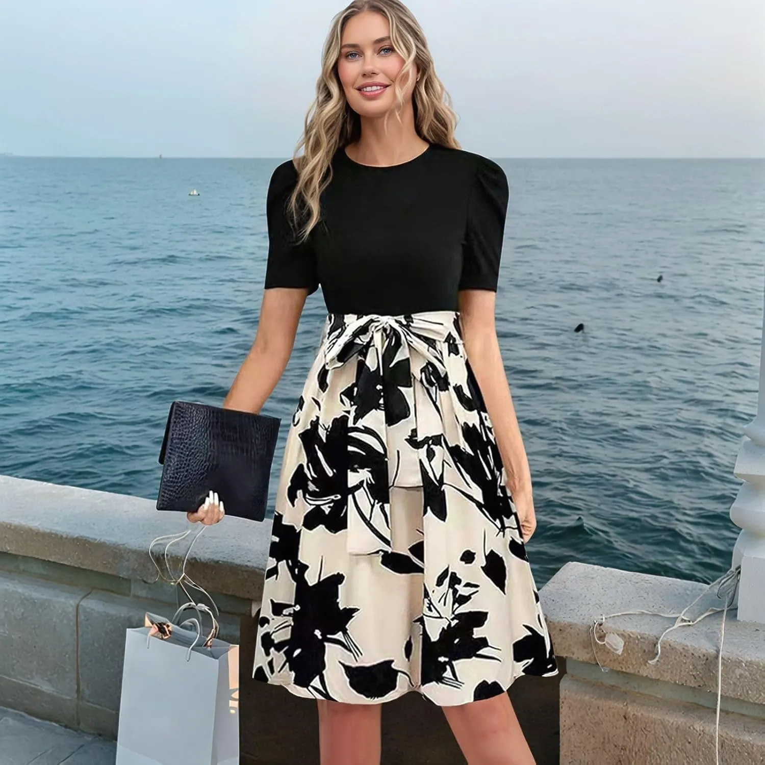 Wrap Dresses for Women 2025 Knee Length Floral Mini Dress Elegant Classy Flowy Ruffle Patchwork Empire Waist Dress
