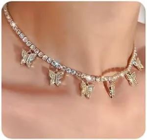 Xerling Rhinestones Tennis Necklaces Delicate Gold Butterfly Necklaces for Women Statement Crystal Choker Necklaces with Dangling Butterfly for Wedding (Gold)