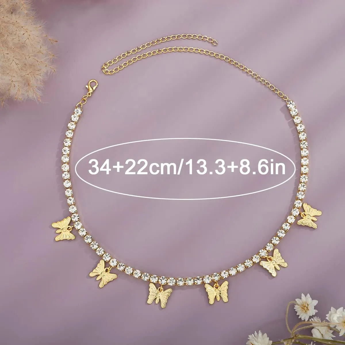 Xerling Rhinestones Tennis Necklaces Delicate Gold Butterfly Necklaces for Women Statement Crystal Choker Necklaces with Dangling Butterfly for Wedding (Gold)