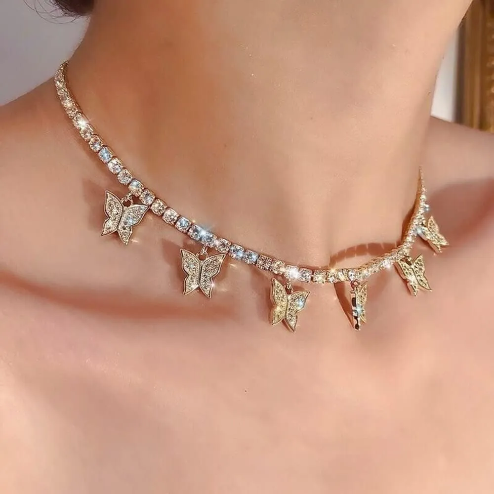 Xerling Rhinestones Tennis Necklaces Delicate Gold Butterfly Necklaces for Women Statement Crystal Choker Necklaces with Dangling Butterfly for Wedding (Gold)