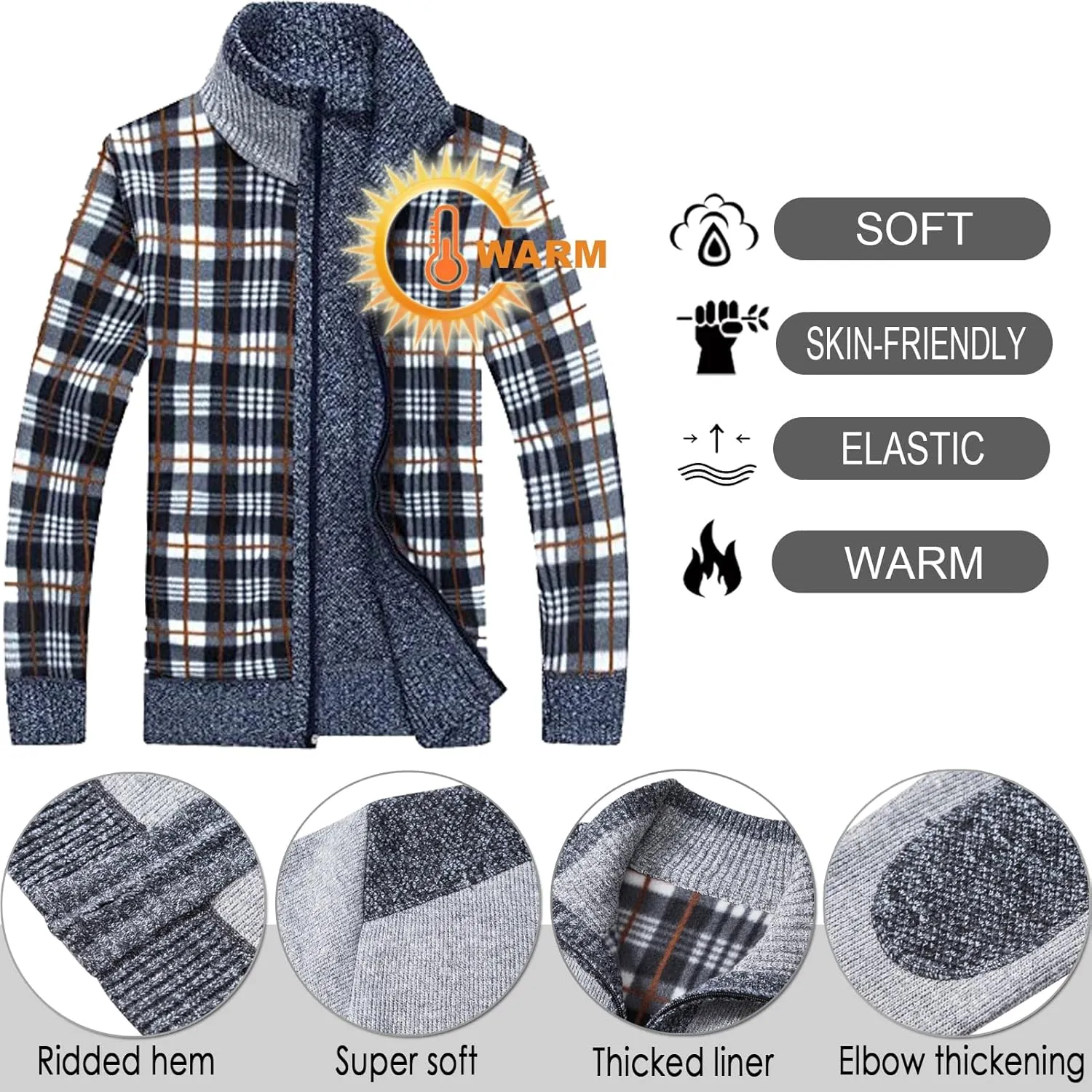 XinYangNi Men's Sweaters Full Zip Slim Thick Knitted Cardigan Sweaters Jacket with Pockets