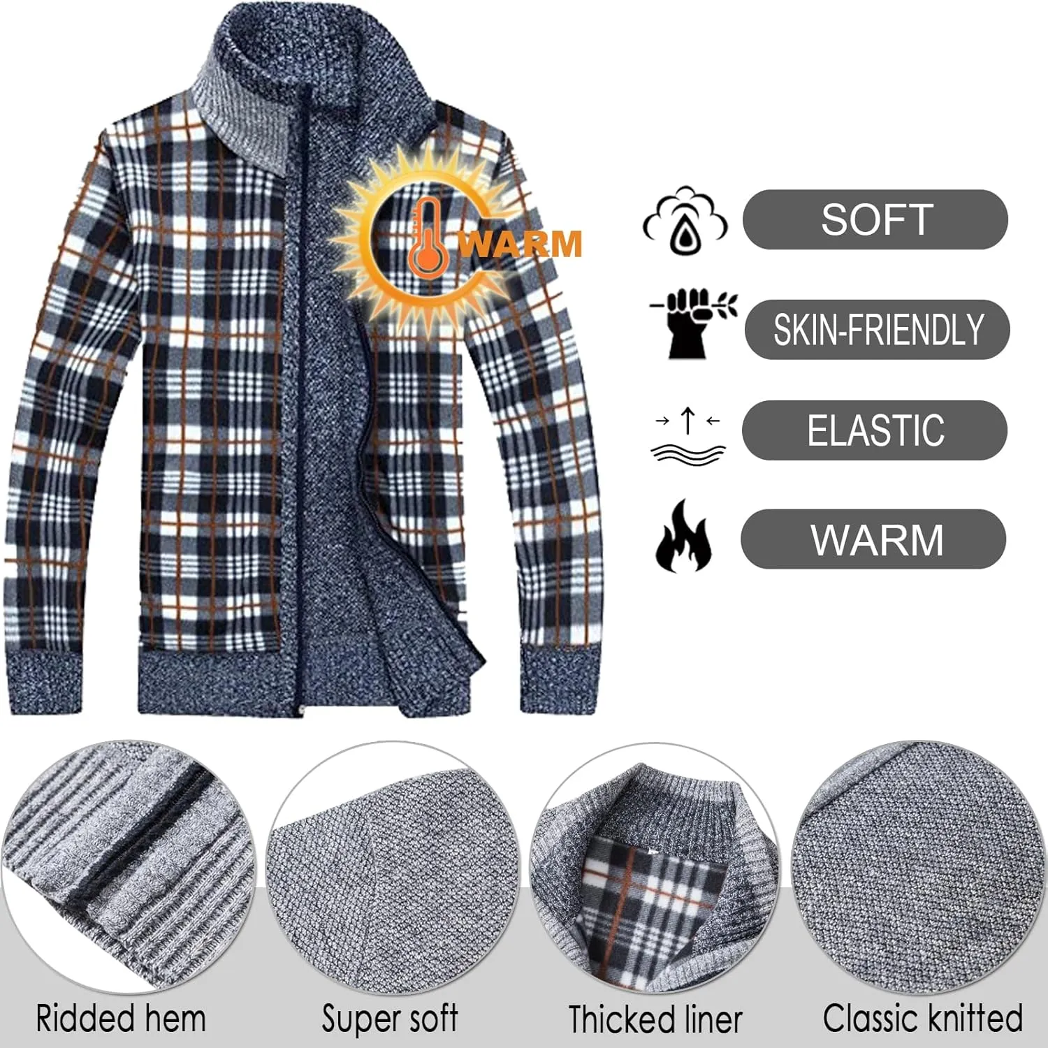 XinYangNi Men's Sweaters Full Zip Slim Thick Knitted Cardigan Sweaters Jacket with Pockets