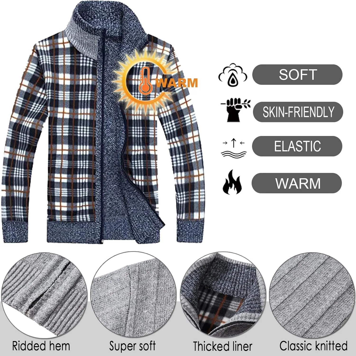 XinYangNi Men's Sweaters Full Zip Slim Thick Knitted Cardigan Sweaters Jacket with Pockets